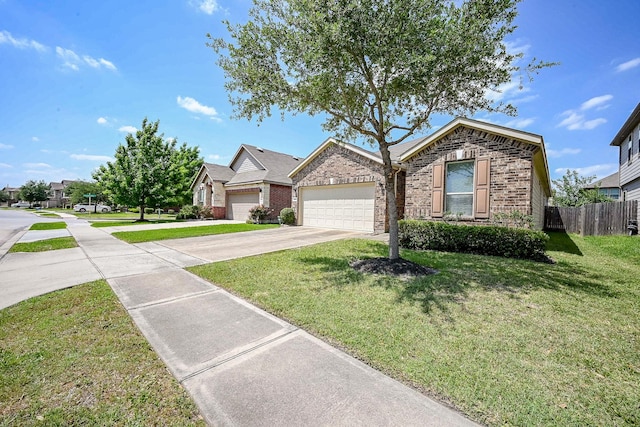 single story home with driveway, a front yard, brick siding, fence, and an attached garage
