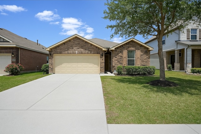 ranch-style home featuring an attached garage, driveway, a front lawn, and brick siding