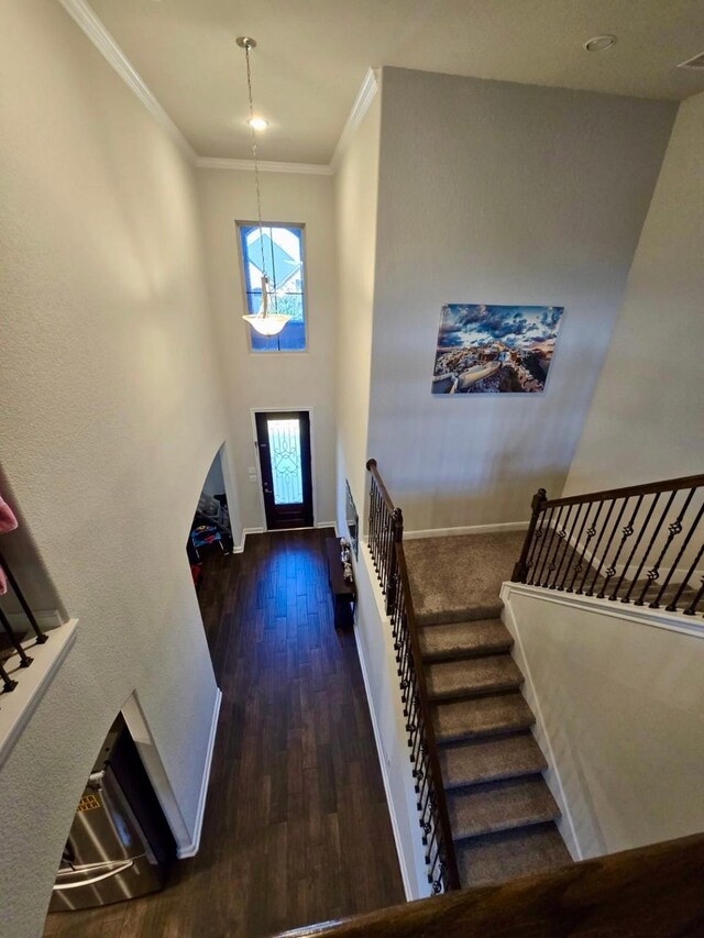 19003 Bene Vista Dr, Houston, TX 77084 - entrance foyer with crown molding, wood finished floors, baseboards, stairway, and a towering ceiling