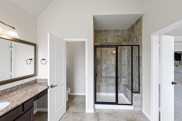 26818 Lindenwood Creek Ln, Katy, TX 77494 - full bathroom with vanity, a stall shower, and vaulted ceiling