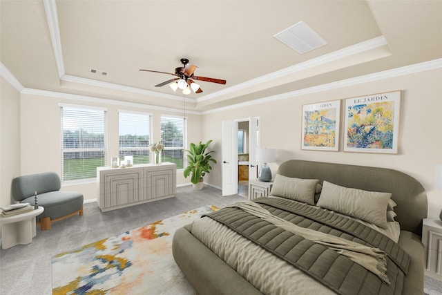 26818 Lindenwood Creek Ln, Katy, TX 77494 - bedroom featuring a tray ceiling, light colored carpet, crown molding, ceiling fan, and ensuite bath