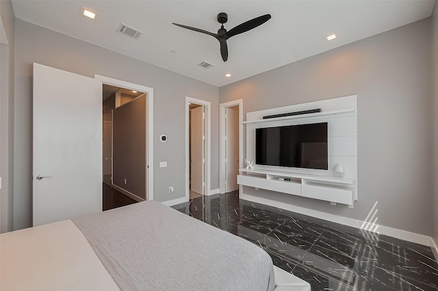 bedroom with baseboards, visible vents, and marble finish floor