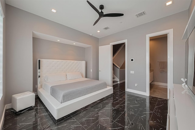 bedroom with baseboards, visible vents, ceiling fan, and marble finish floor
