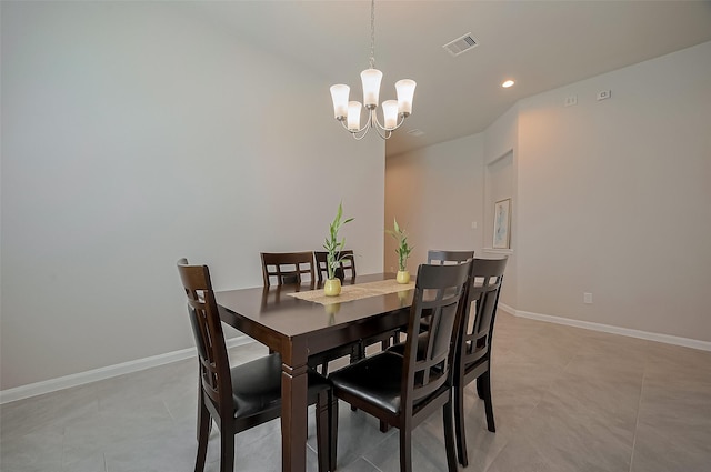 dining area featuring recessed lighting, an inviting chandelier, visible vents, light tile patterned flooring, and baseboards