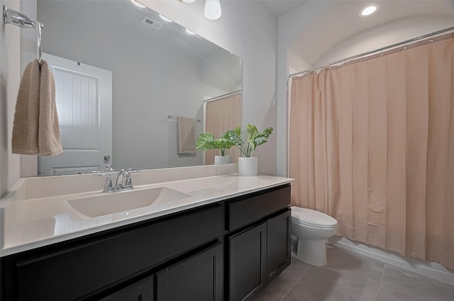 bathroom with tile patterned floors, toilet, visible vents, recessed lighting, and vanity