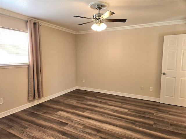 12325 Ridgeside Dr, Houston, TX 77072 - empty room featuring ceiling fan, dark wood-type flooring, crown molding, and baseboards