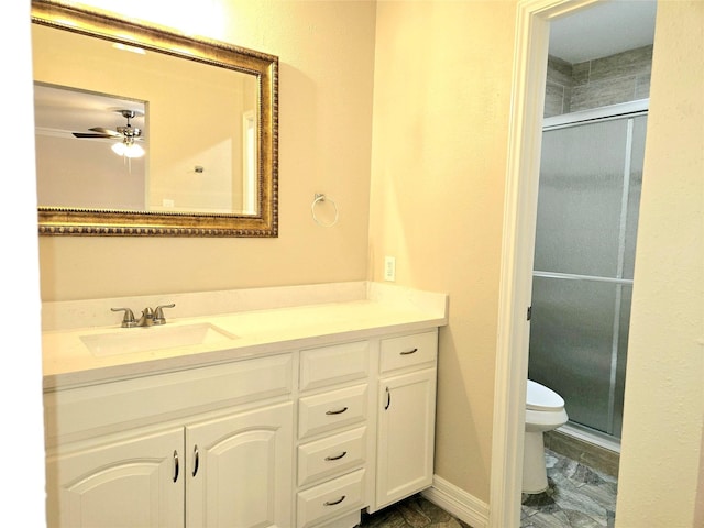 12325 Ridgeside Dr, Houston, TX 77072 - bathroom with toilet, vanity, a stall shower, and a ceiling fan