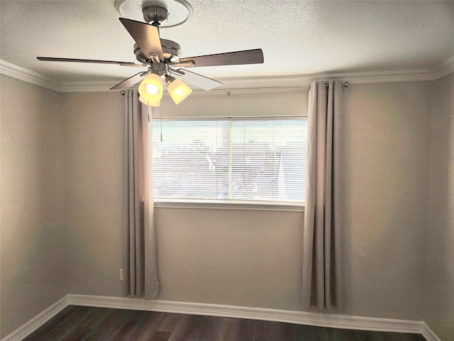 12325 Ridgeside Dr, Houston, TX 77072 - spare room with crown molding, dark wood-type flooring, baseboards, a ceiling fan, and a textured ceiling