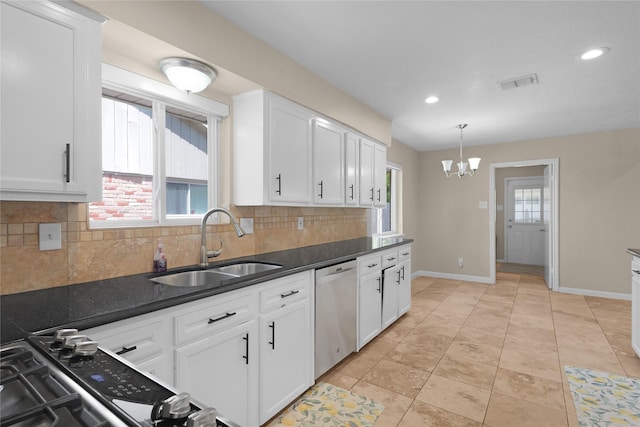kitchen featuring white cabinets, visible vents, dishwasher, a sink, and dark countertops