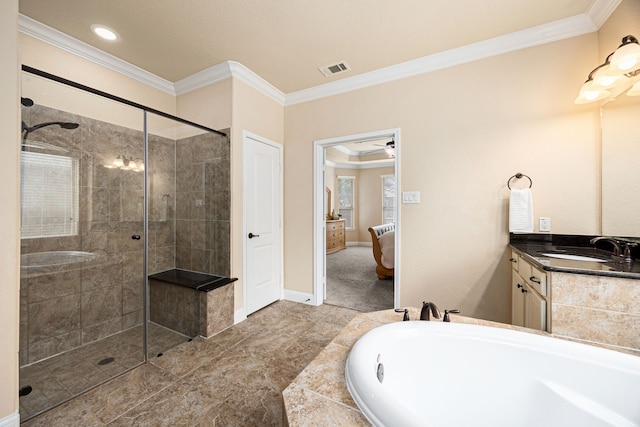 full bathroom featuring a garden tub, ornamental molding, visible vents, connected bathroom, and a shower stall
