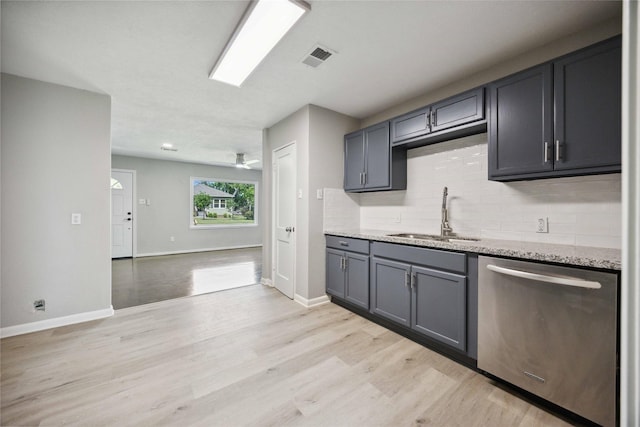 5206 Willow Glen Dr, Houston, TX 77033 - kitchen with light wood-style flooring, stainless steel dishwasher, a sink, and backsplash