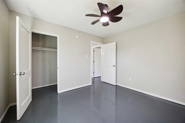 5206 Willow Glen Dr, Houston, TX 77033 - unfurnished bedroom featuring a closet, finished concrete flooring, baseboards, and ceiling fan