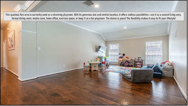 living area with crown molding, vaulted ceiling, visible vents, baseboards, and hardwood / wood-style flooring