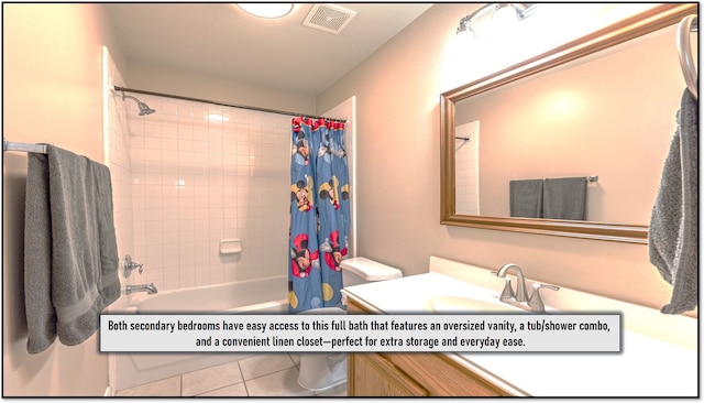 full bath featuring shower / bathtub combination with curtain, vanity, visible vents, and toilet