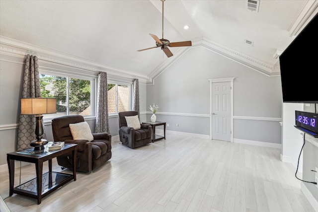sitting room with visible vents, ceiling fan, and light wood finished floors