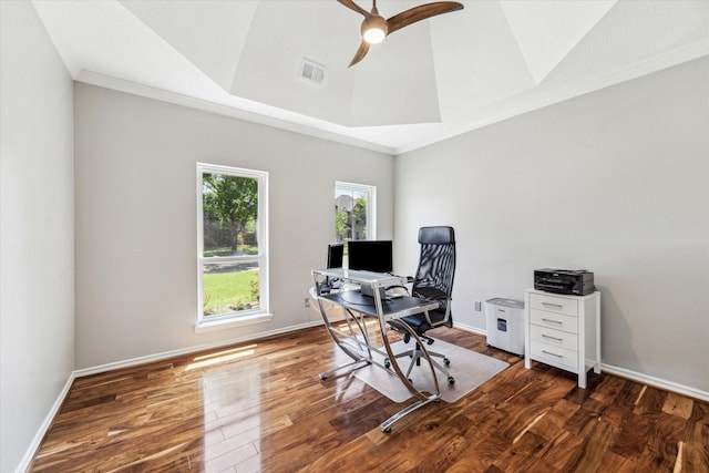 office with visible vents, baseboards, a ceiling fan, and wood finished floors