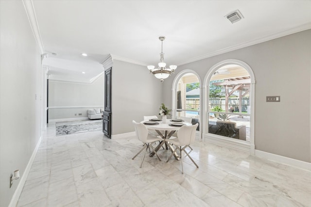 dining space featuring ornamental molding, marble finish floor, a notable chandelier, and visible vents