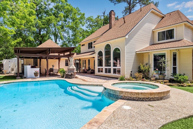 view of swimming pool featuring french doors, a gazebo, a pool with connected hot tub, and a patio