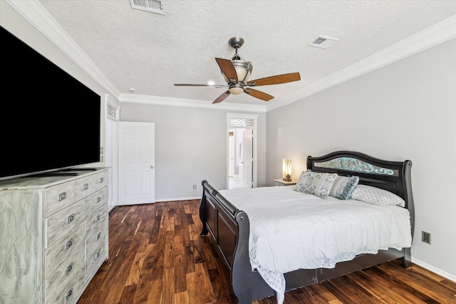bedroom featuring ornamental molding, baseboards, dark wood-style floors, and visible vents