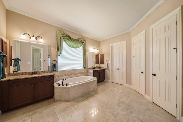 3203 Round Meadow Ln, Missouri City, TX 77459 - bathroom with a closet, a bath, a sink, ornamental molding, and two vanities