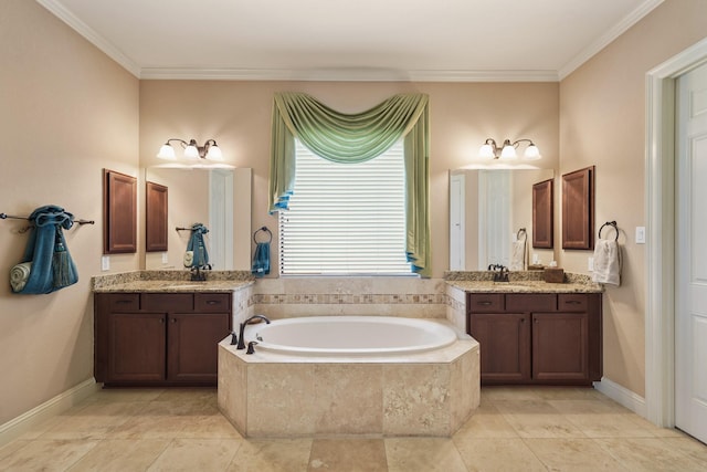 3203 Round Meadow Ln, Missouri City, TX 77459 - bathroom with crown molding, a garden tub, two vanities, and a sink