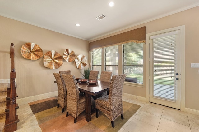 3203 Round Meadow Ln, Missouri City, TX 77459 - dining room featuring visible vents, baseboards, ornamental molding, recessed lighting, and light tile patterned flooring