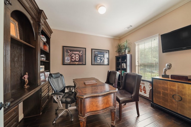 3203 Round Meadow Ln, Missouri City, TX 77459 - office space with crown molding, visible vents, and dark wood-type flooring