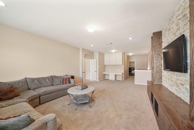 3203 Round Meadow Ln, Missouri City, TX 77459 - living room with visible vents, baseboards, recessed lighting, and light carpet