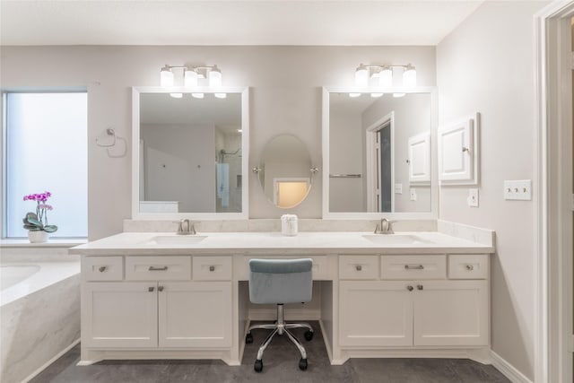 full bathroom featuring double vanity, a bath, and a shower
