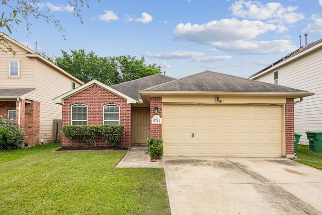 view of front of home with roof with shingles, brick siding, a garage, a front yard, and concrete driveway