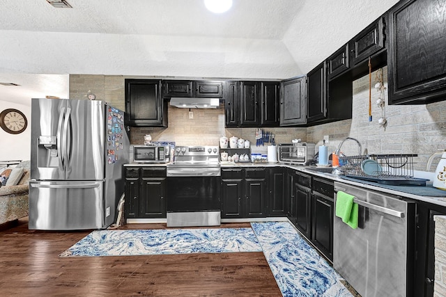 kitchen with under cabinet range hood, wood finished floors, dark cabinets, and stainless steel appliances