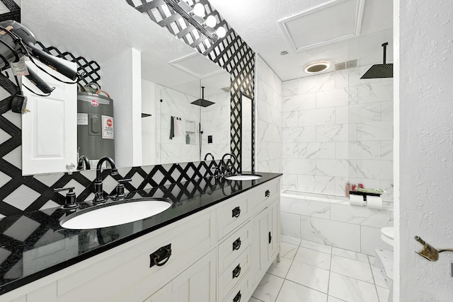 full bathroom with water heater, marble finish floor, a sink, double vanity, and a combined bath / shower with rainfall shower