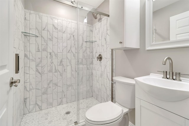 full bathroom featuring toilet, a stall shower, and vanity