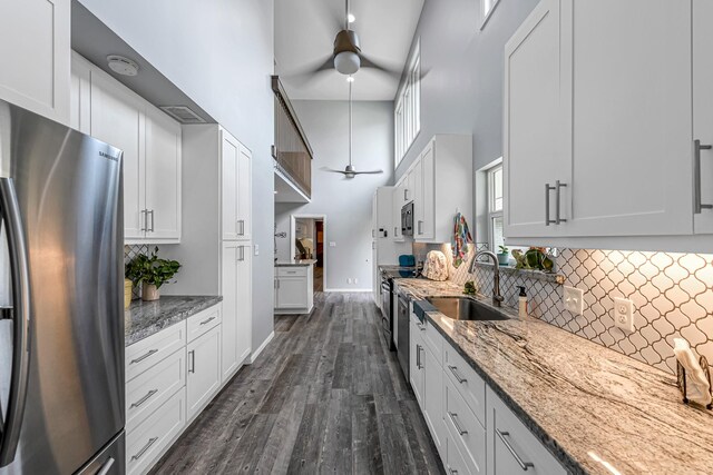 kitchen with a towering ceiling, ceiling fan, a sink, dark wood finished floors, and appliances with stainless steel finishes
