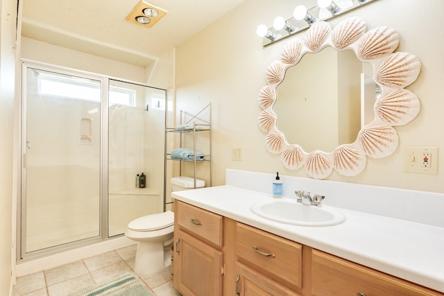 full bathroom with a shower stall, tile patterned flooring, vanity, and toilet