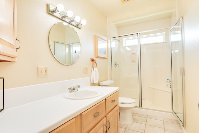 full bath with a shower stall, vanity, tile patterned flooring, and toilet
