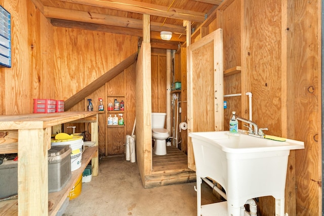 interior space featuring wooden walls, a sink, and toilet