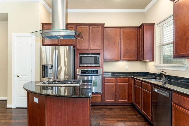 kitchen featuring island range hood, ornamental molding, a sink, appliances with stainless steel finishes, and dark wood-style flooring