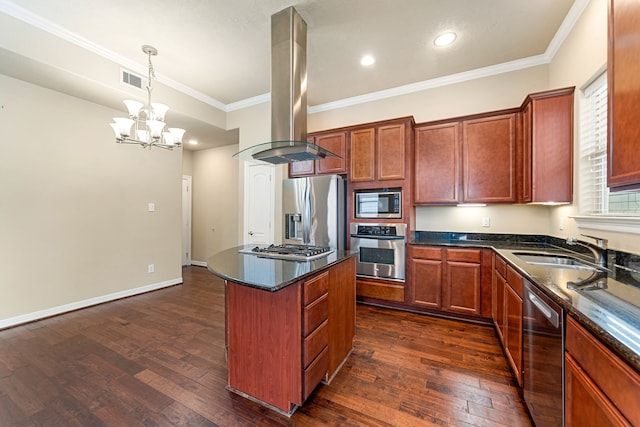 kitchen featuring stainless steel appliances, a sink, island range hood, and dark wood-style flooring