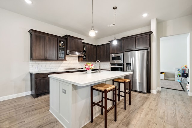 4290 Orchard Pass Dr, Spring, TX 77386 - kitchen featuring stainless steel appliances, dark brown cabinets, under cabinet range hood, tasteful backsplash, and light wood-style flooring