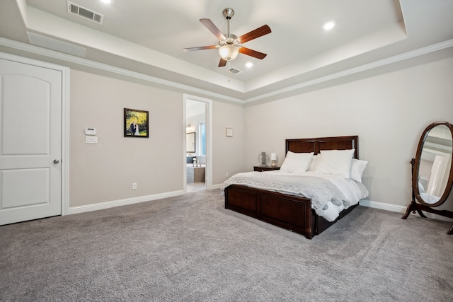 4290 Orchard Pass Dr, Spring, TX 77386 - bedroom featuring a raised ceiling, carpet flooring, recessed lighting, baseboards, and ensuite bath