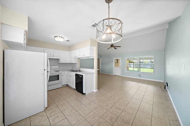 kitchen featuring light tile patterned floors, white appliances, visible vents, baseboards, and open floor plan
