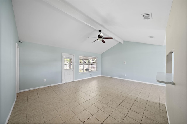 unfurnished living room with lofted ceiling with beams, tile patterned flooring, baseboards, visible vents, and a ceiling fan