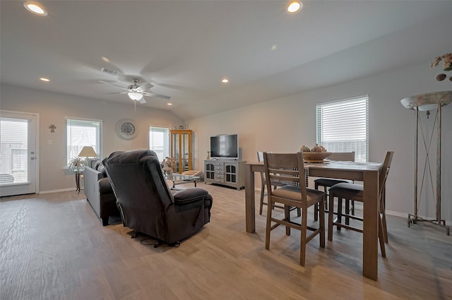 living area featuring light wood-style floors, ceiling fan, visible vents, recessed lighting, and baseboards