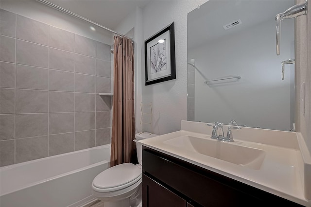 full bathroom featuring toilet, shower / bathtub combination with curtain, vanity, and visible vents