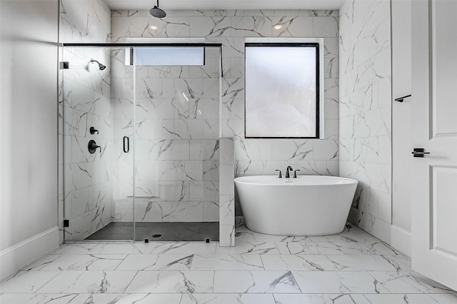 7606 Redwoods Forest Dr, Katy, TX 77493 - full bathroom featuring a marble finish shower, marble finish floor, and a soaking tub