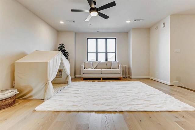 7606 Redwoods Forest Dr, Katy, TX 77493 - sitting room featuring ceiling fan, visible vents, recessed lighting, wood finished floors, and baseboards