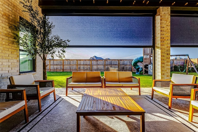 7606 Redwoods Forest Dr, Katy, TX 77493 - view of patio featuring fence, outdoor lounge area, and a playground