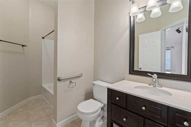 bathroom featuring vanity, baseboards, shower / washtub combination, tile patterned floors, and toilet