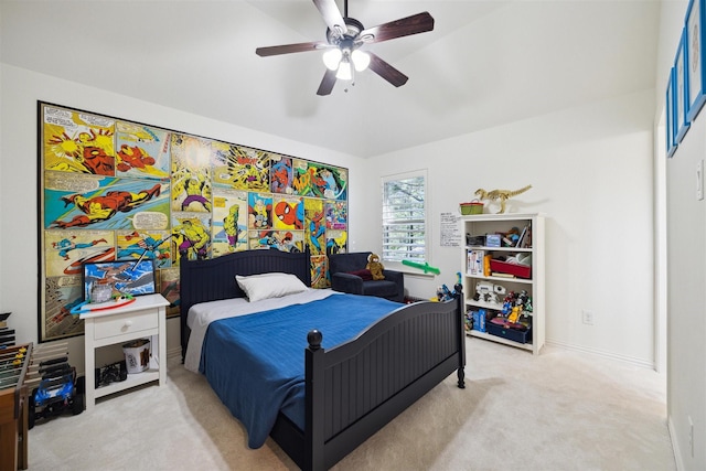 bedroom featuring carpet flooring, baseboards, and ceiling fan
